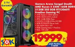 GAMERS ARENA SANGAL STEALTH AMD RYZEN 5 5500 16GB DDR4 512GB SSD 8GB RTX3060TI FREEDOS GAMİNG PC OYUN BİLGİSAYARI